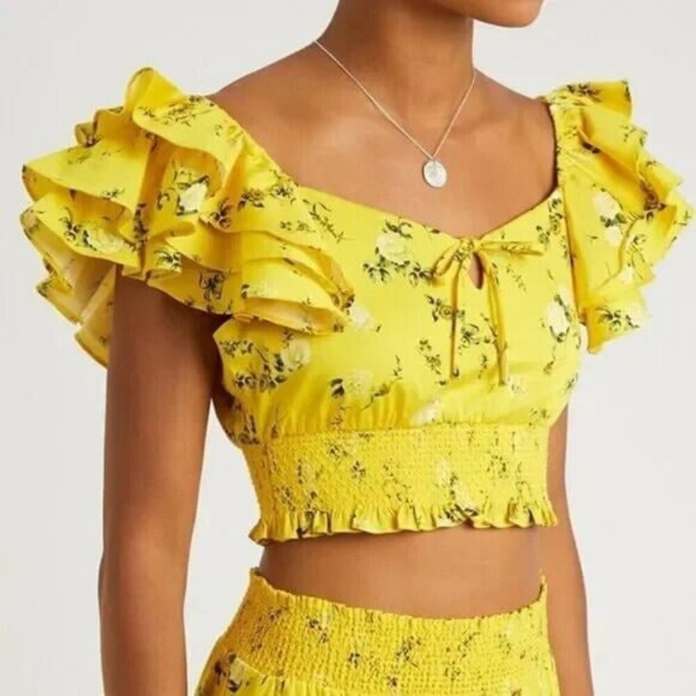 NWT ALICE + OLIVIA Shanae Tie-front Ruffle Sleeve Crop Top Yellow L MSRP $350